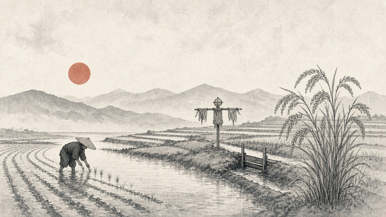 A rice paddy scene: planting, a scarecrow and sluice gate, and ripening rice.